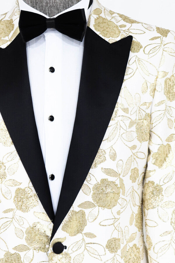 Floral Patterned White Men Prom Blazer - Wessi