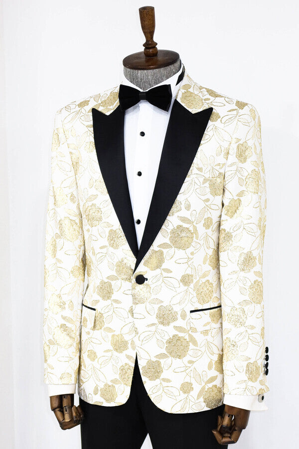 Floral Patterned White Men Prom Blazer - Wessi