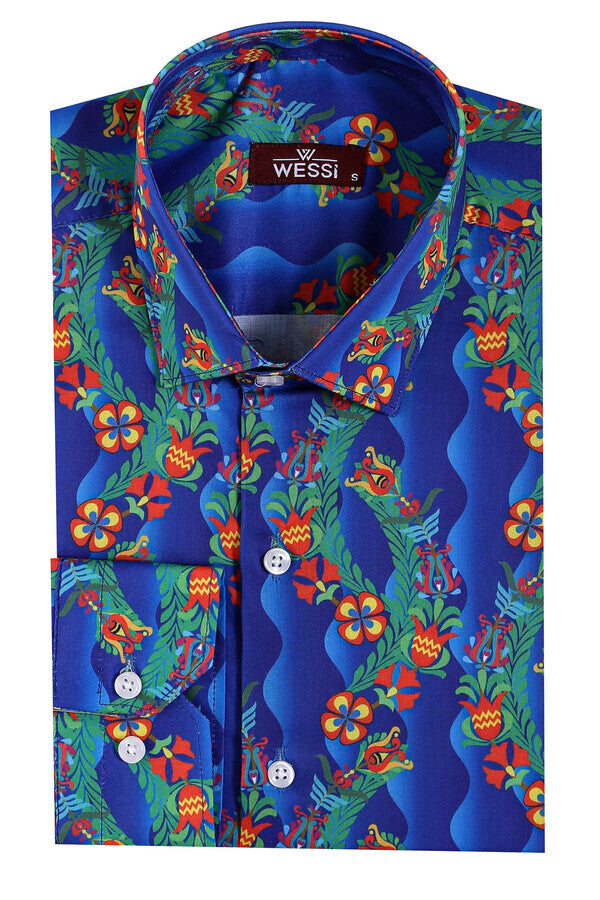 Camisa de hombre índigo de manga larga con corte entallado y estampado floral - Wessi