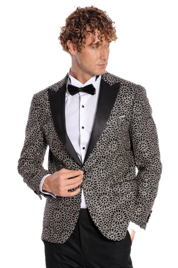 Blazer de fiesta para hombre con estampado de flores bordadas en color negro - Wessi