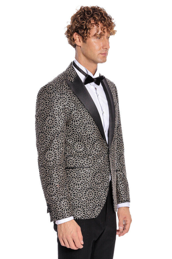 Blazer de fiesta para hombre con estampado de flores bordadas en color negro - Wessi