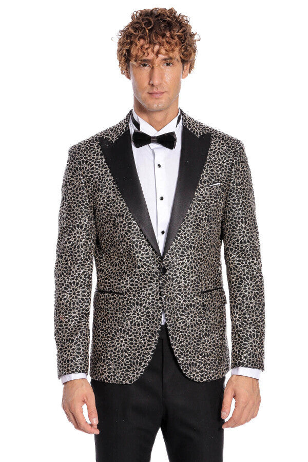 Blazer de fiesta para hombre con estampado de flores bordadas en color negro - Wessi