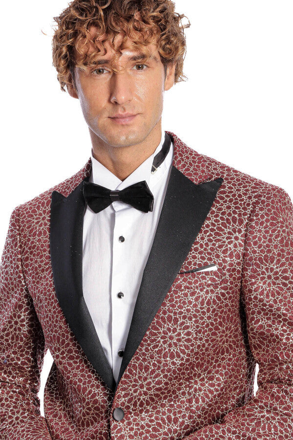 Flower Embroidered Pattern Burgundy Men Prom Blazer - Wessi