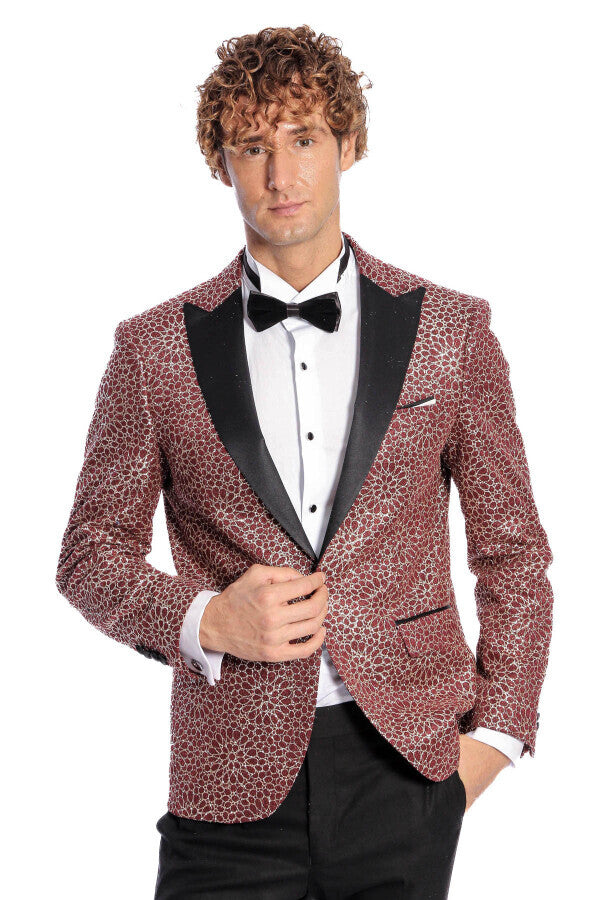 Blazer de fiesta para hombre color burdeos con estampado de flores bordadas - Wessi