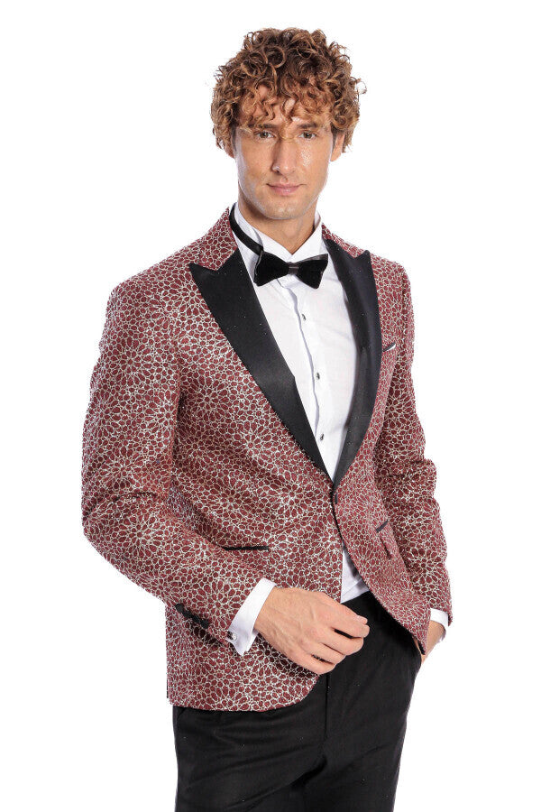 Blazer de fiesta para hombre color burdeos con estampado de flores bordadas - Wessi