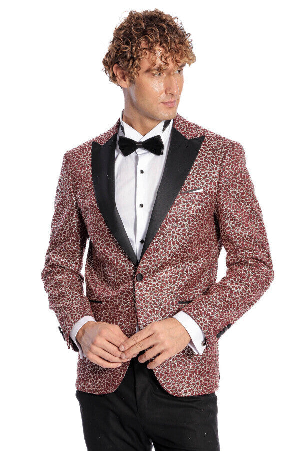 Flower Embroidered Pattern Burgundy Men Prom Blazer - Wessi