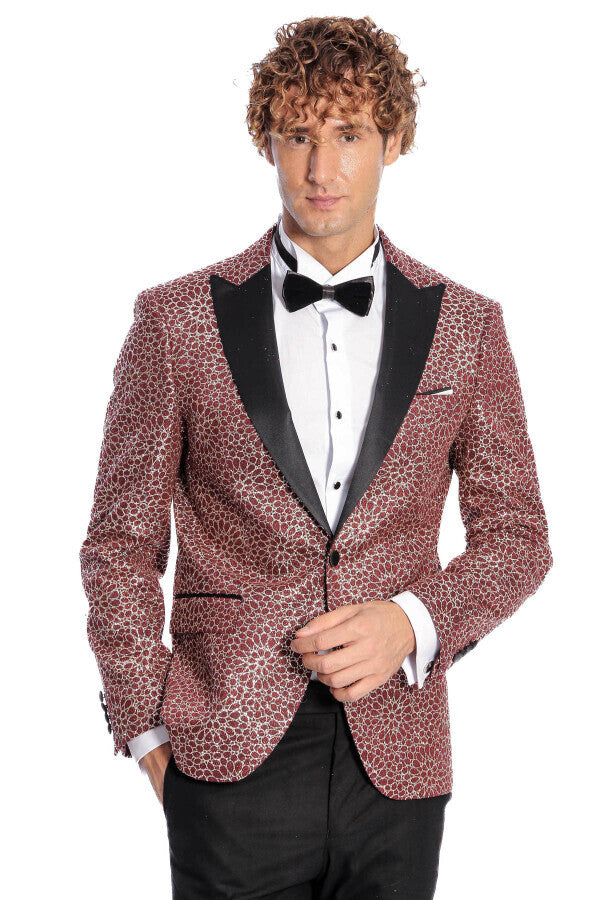 Flower Embroidered Pattern Burgundy Men Prom Blazer - Wessi