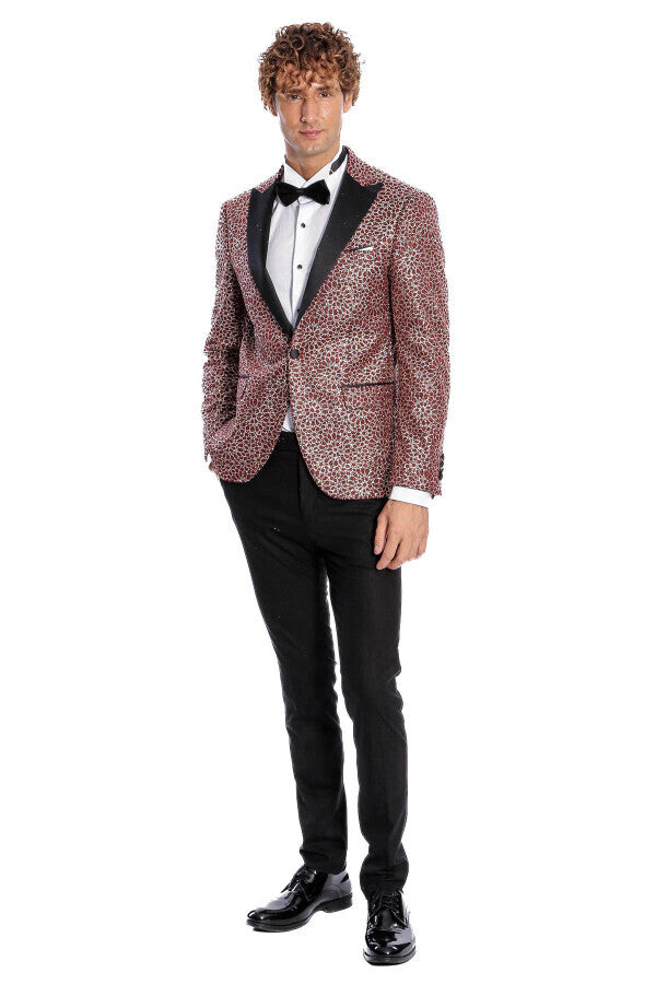 Blazer de fiesta para hombre color burdeos con estampado de flores bordadas - Wessi