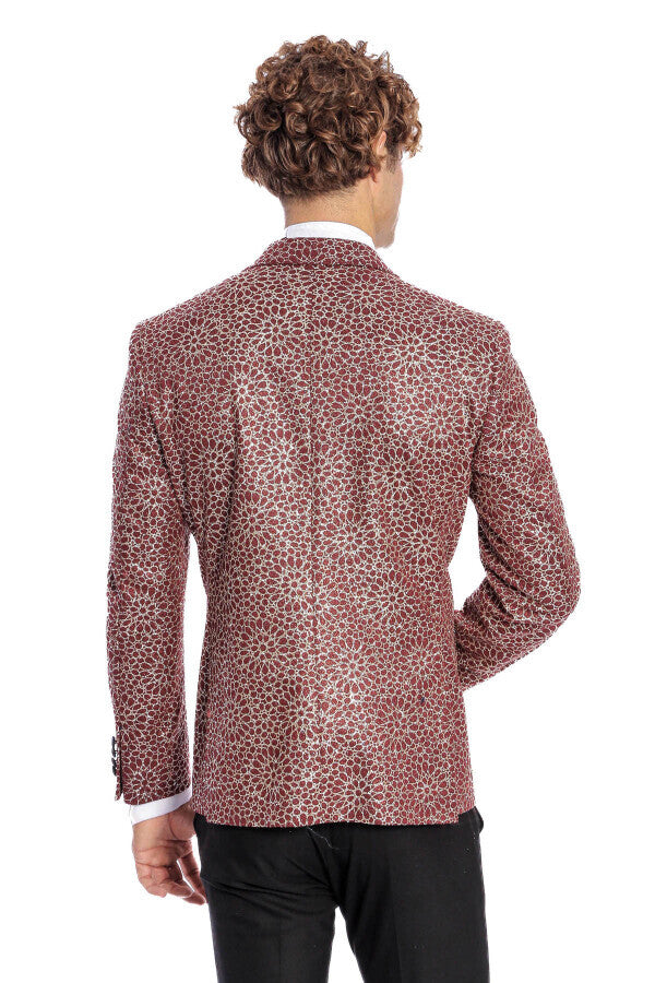 Blazer de fiesta para hombre color burdeos con estampado de flores bordadas - Wessi