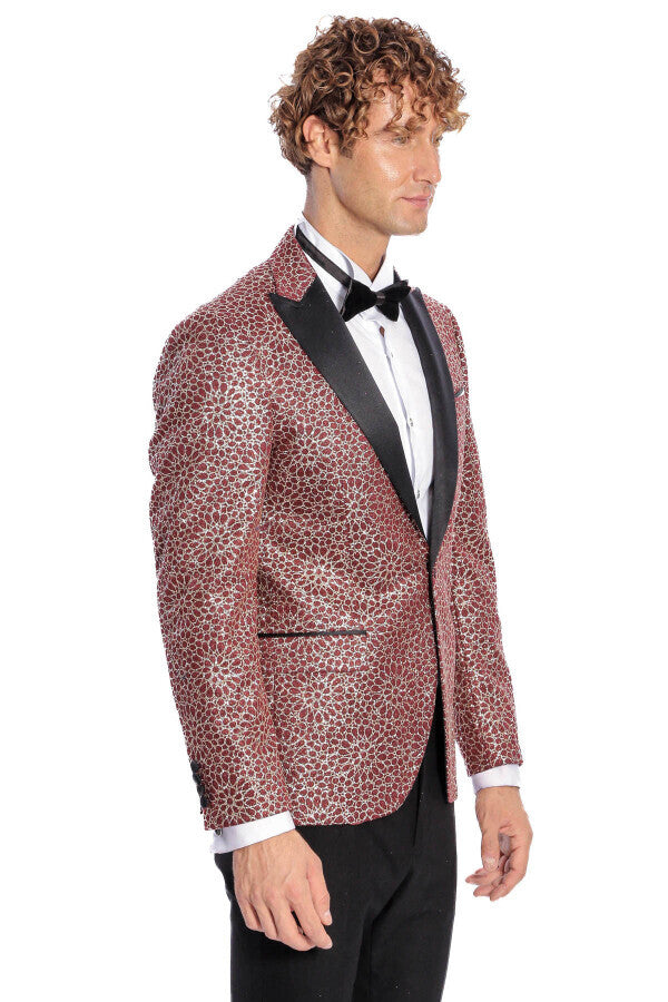 Flower Embroidered Pattern Burgundy Men Prom Blazer - Wessi