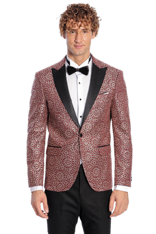 Flower Embroidered Pattern Burgundy Men Prom Blazer - Wessi