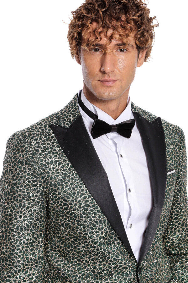 Blazer de fiesta para hombre con estampado de flores bordadas en verde - Wessi