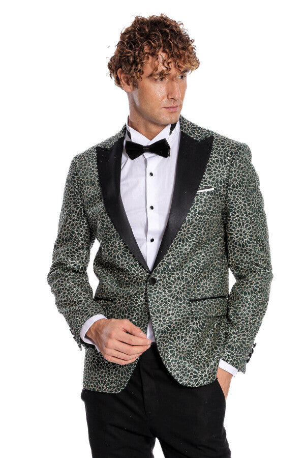 Blazer de fiesta para hombre con estampado de flores bordadas en verde - Wessi