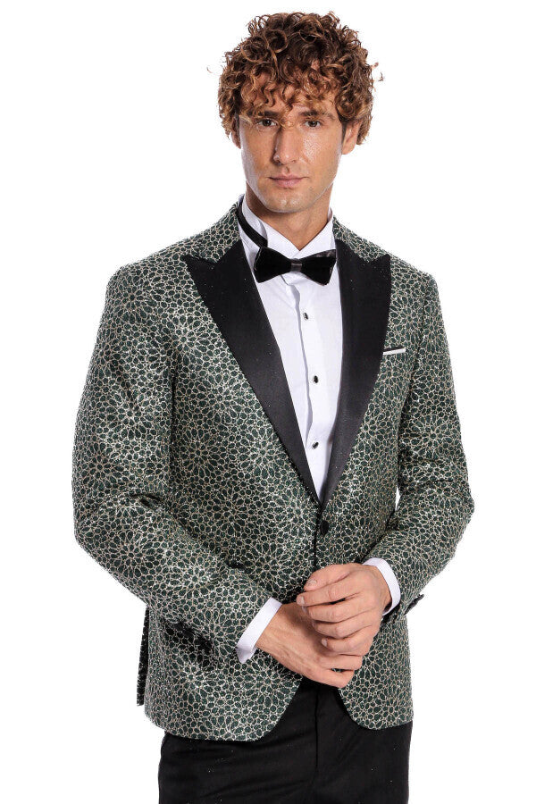 Blazer de fiesta para hombre con estampado de flores bordadas en verde - Wessi