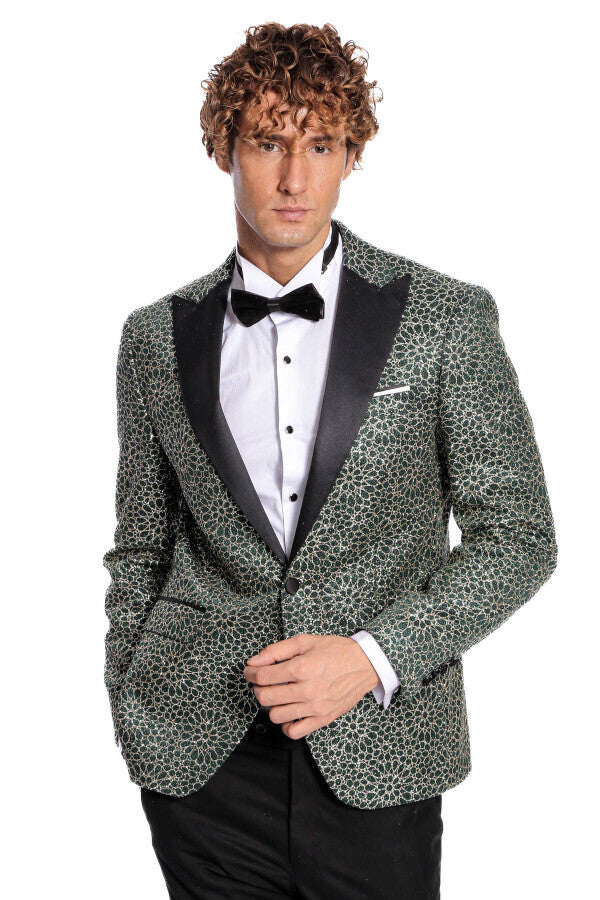 Blazer de fiesta para hombre con estampado de flores bordadas en verde - Wessi