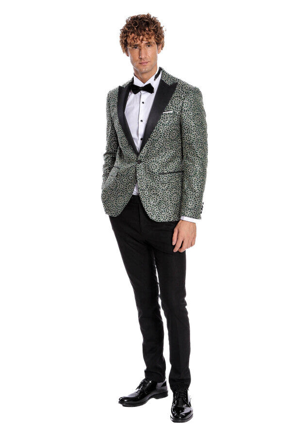 Blazer de fiesta para hombre con estampado de flores bordadas en verde - Wessi