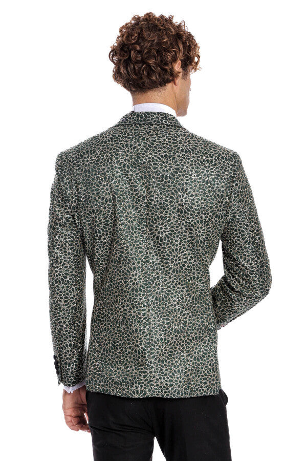 Blazer de fiesta para hombre con estampado de flores bordadas en verde - Wessi