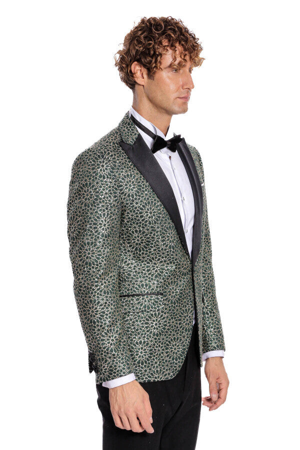 Blazer de fiesta para hombre con estampado de flores bordadas en verde - Wessi