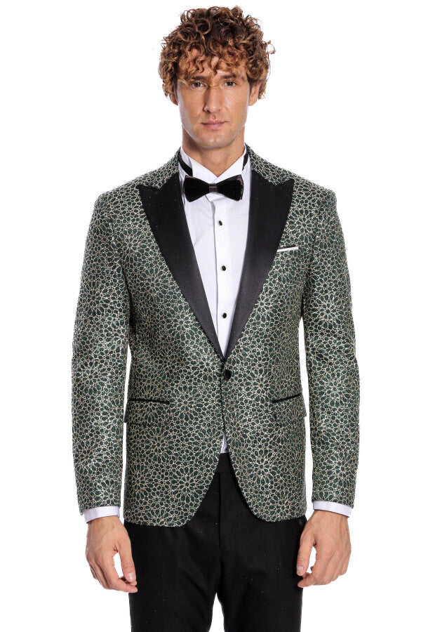 Blazer de fiesta para hombre con estampado de flores bordadas en verde - Wessi