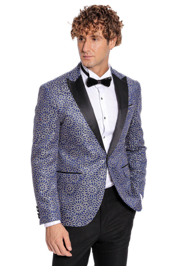 Flower Embroidered Pattern Navy Blue Men Prom Blazer - Wessi