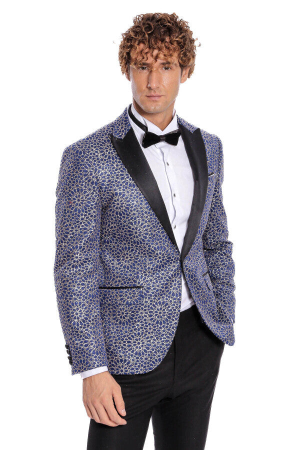 Blazer de fiesta para hombre azul marino con estampado de flores bordadas - Wessi