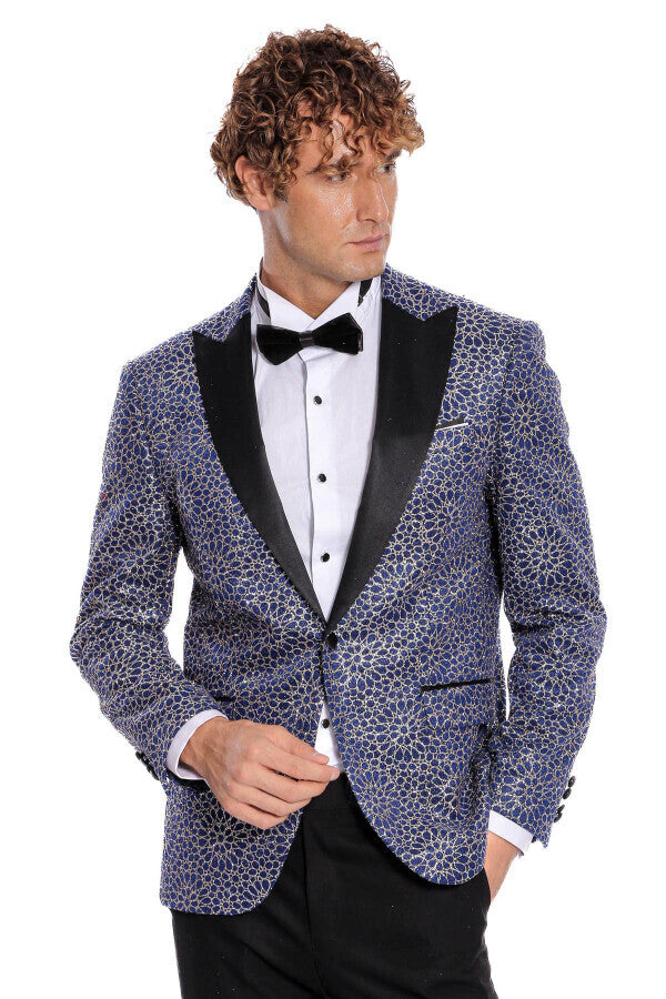 Blazer de fiesta para hombre azul marino con estampado de flores bordadas - Wessi