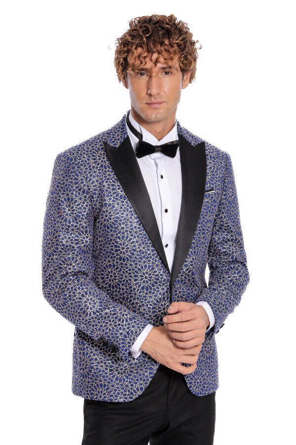 Flower Embroidered Pattern Navy Blue Men Prom Blazer - Wessi