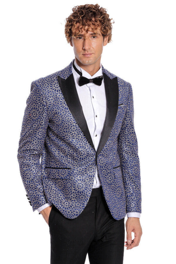 Flower Embroidered Pattern Navy Blue Men Prom Blazer - Wessi