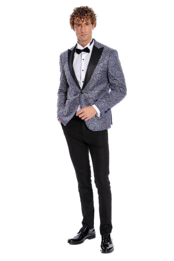 Blazer de fiesta para hombre azul marino con estampado de flores bordadas - Wessi