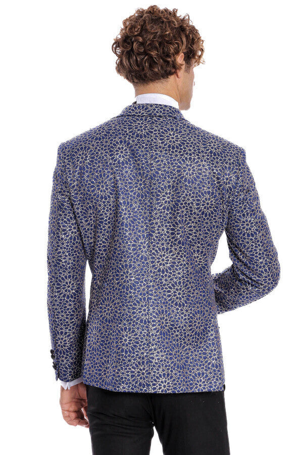 Blazer de fiesta para hombre azul marino con estampado de flores bordadas - Wessi