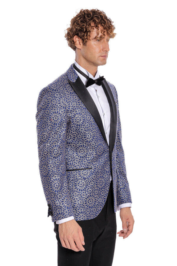 Blazer de fiesta para hombre azul marino con estampado de flores bordadas - Wessi