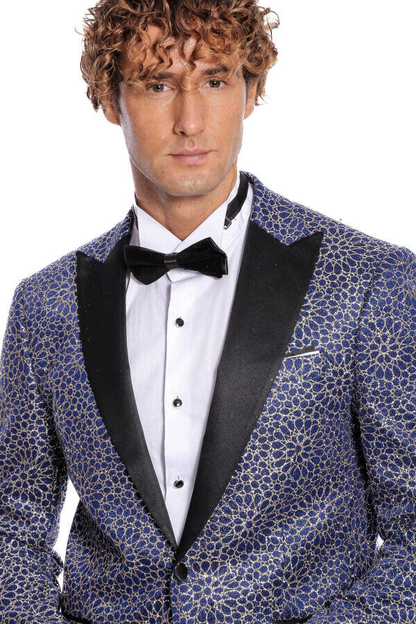 Blazer de fiesta para hombre azul marino con estampado de flores bordadas - Wessi