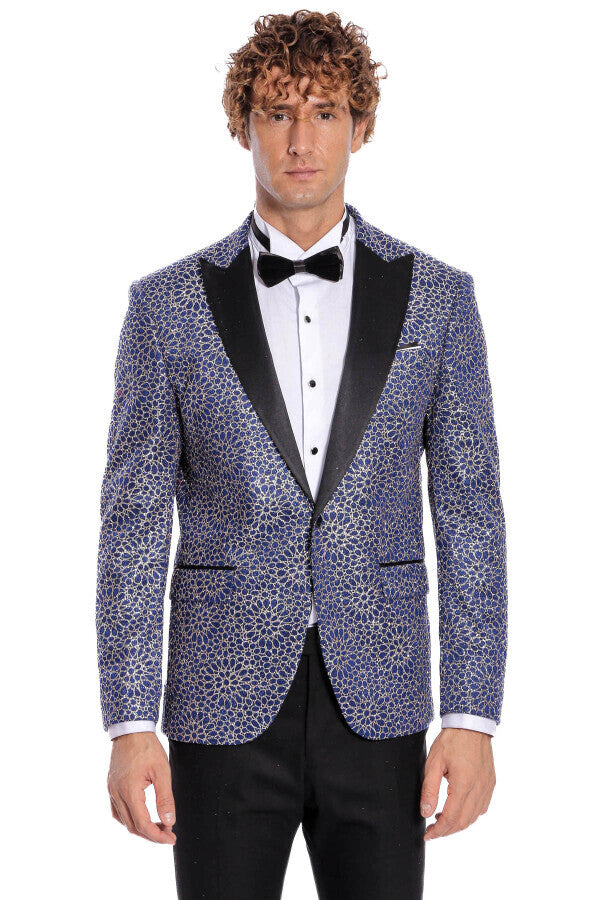 Flower Embroidered Pattern Navy Blue Men Prom Blazer - Wessi