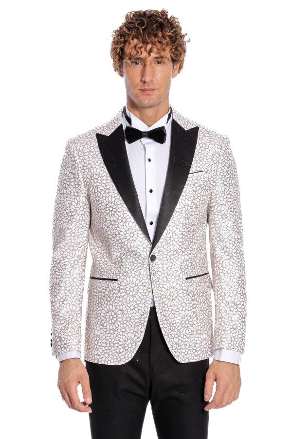 Blazer de fiesta para hombre blanco con estampado de flores bordadas - Wessi