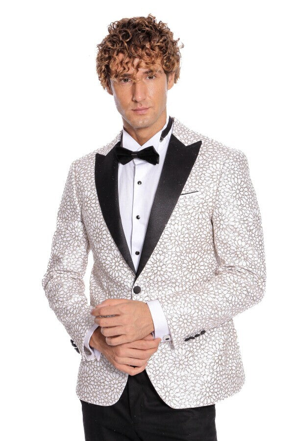 Blazer de fiesta para hombre blanco con estampado de flores bordadas - Wessi