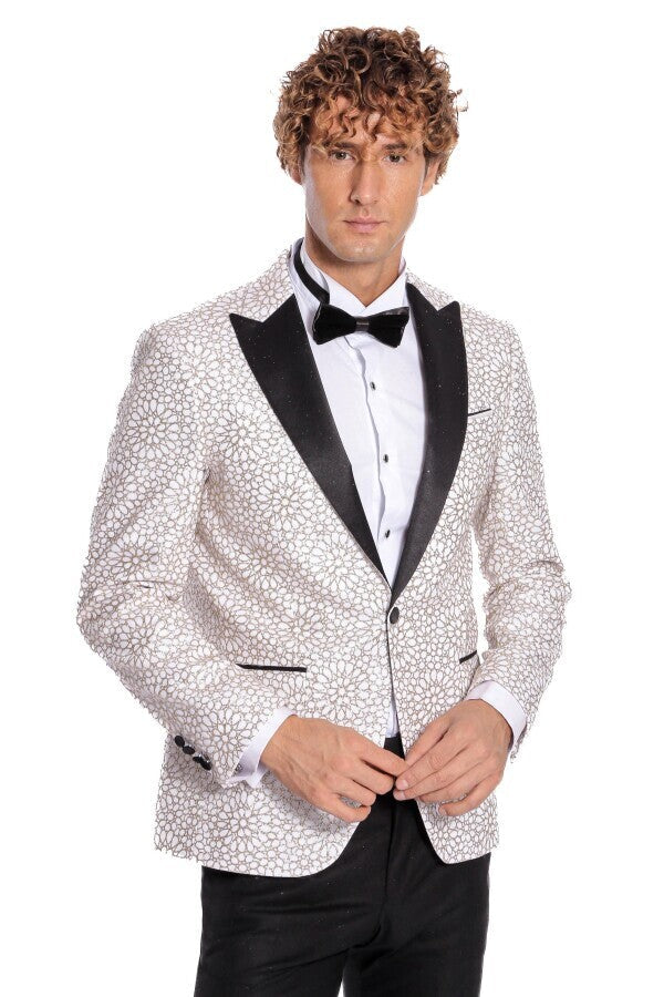 Blazer de fiesta para hombre blanco con estampado de flores bordadas - Wessi