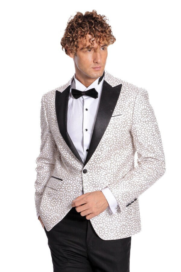 Flower Embroidered Pattern White Men Prom Blazer - Wessi