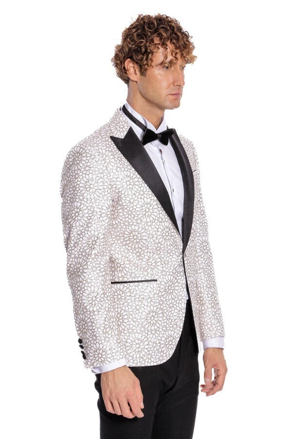 Blazer de fiesta para hombre blanco con estampado de flores bordadas - Wessi