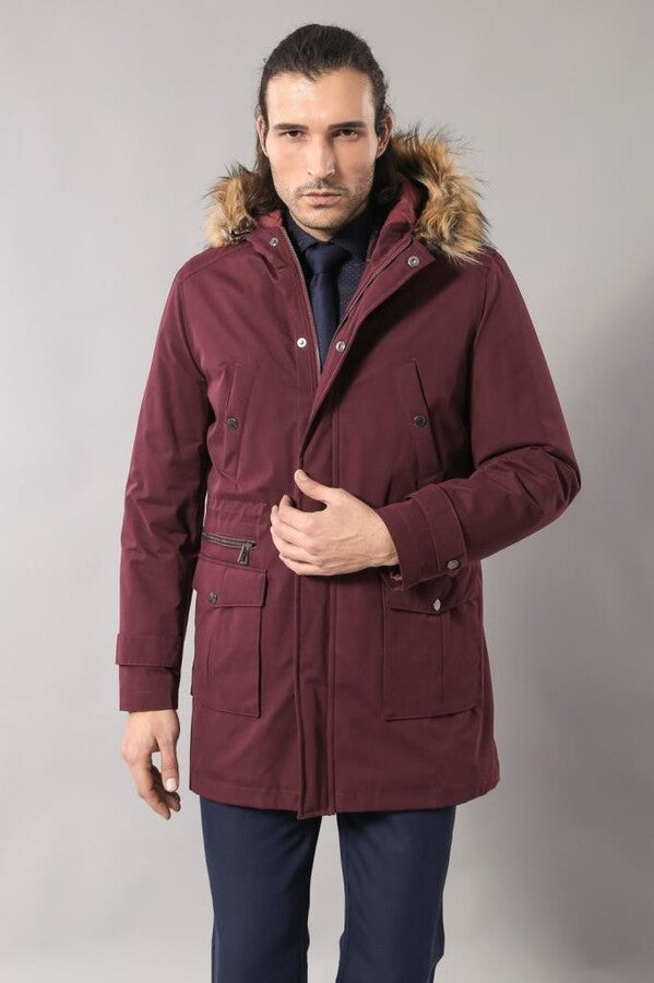 Fur Hooded Burgundy Men Coat - Wessi