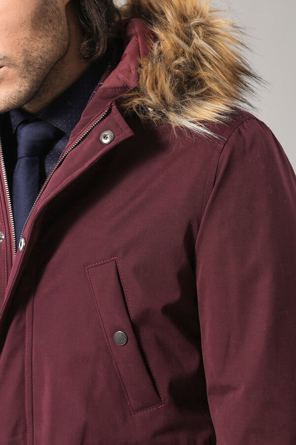 Fur Hooded Burgundy Men Coat - Wessi