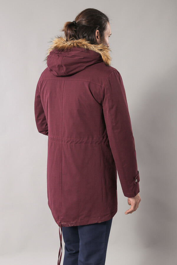 Fur Hooded Burgundy Men Coat - Wessi