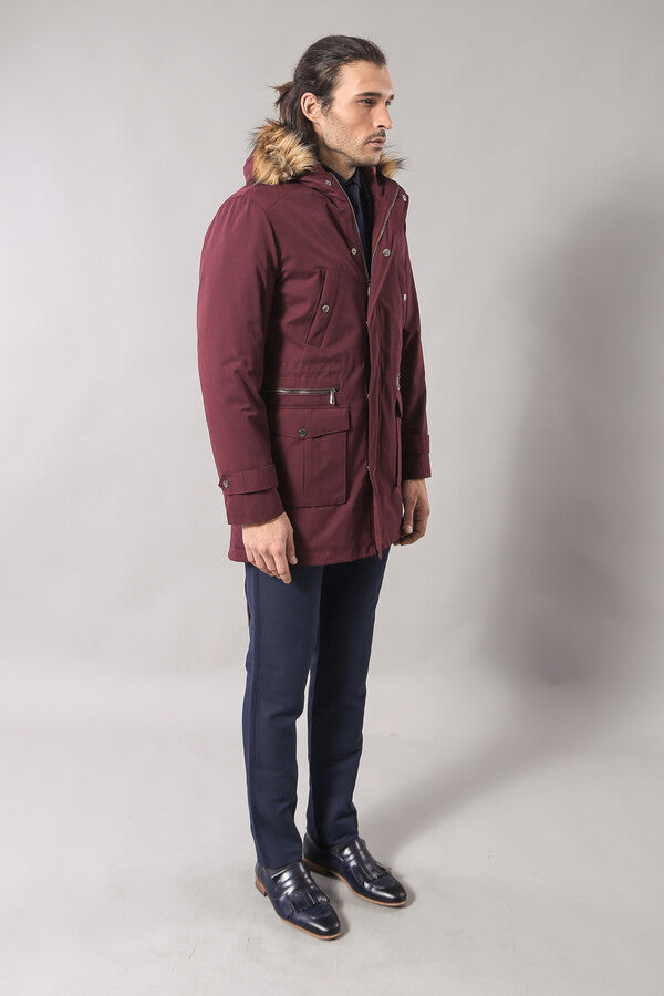 Fur Hooded Burgundy Men Coat - Wessi