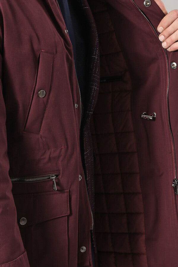 Fur Hooded Burgundy Men Coat - Wessi