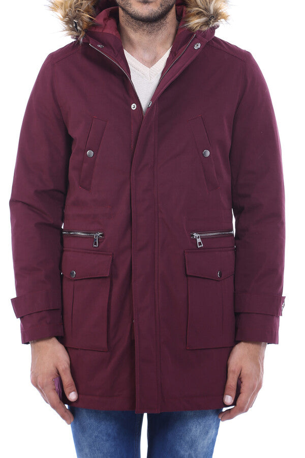 Fur Hooded Burgundy Men Coat - Wessi