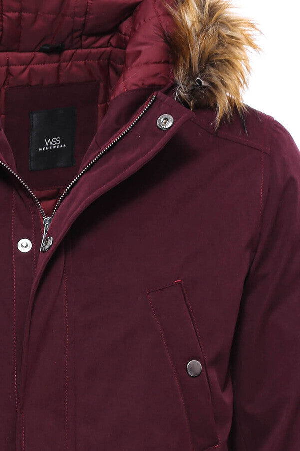 Fur Hooded Burgundy Men Coat - Wessi