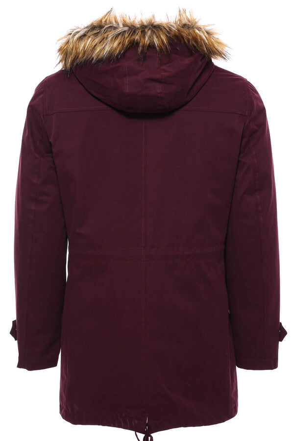 Fur Hooded Burgundy Men Coat - Wessi