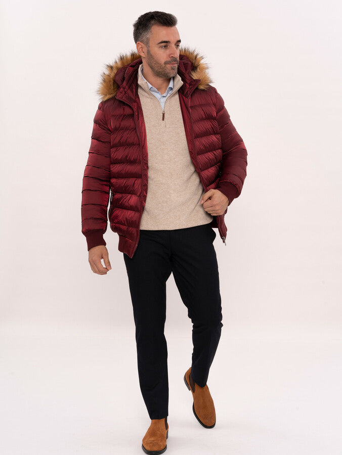 Fur Hooded Burgundy Men Down Coat - Wessi