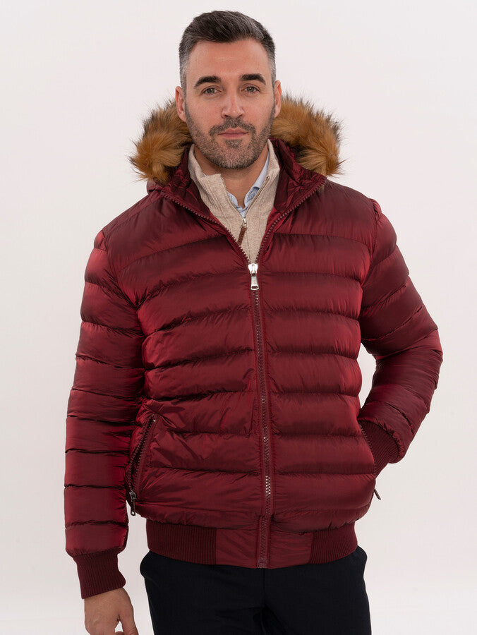 Fur Hooded Burgundy Men Down Coat - Wessi