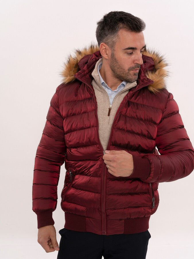 Fur Hooded Burgundy Men Down Coat - Wessi