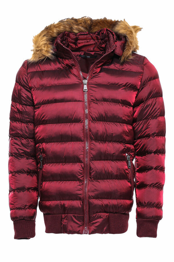 Fur Hooded Burgundy Men Down Coat - Wessi